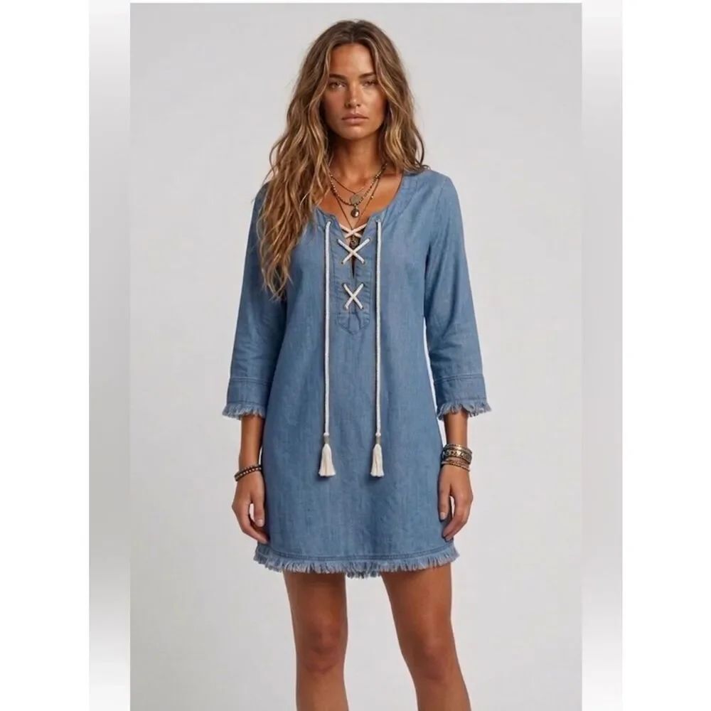 Michael Stars Women’s Blue 100% Tencel Boho Chic Frayed Hem Tunic Dress 
Medium